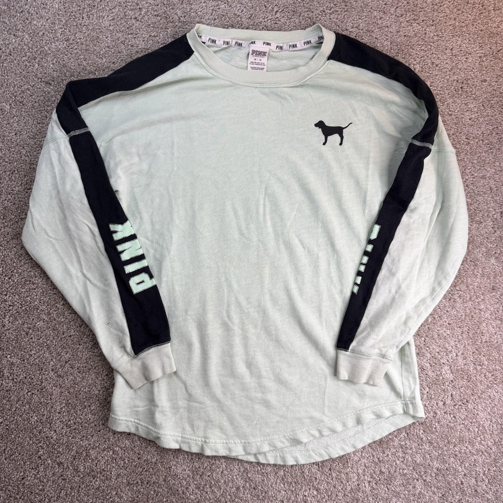 PINK Victoria's Secret Shirt Womens M Green Raglan Long Sleeve Dog Logo Top